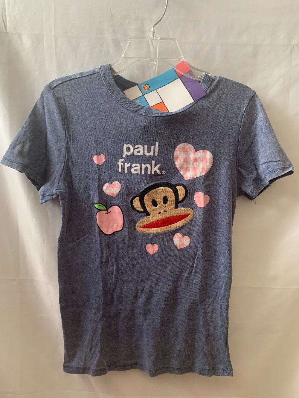 PAUL FRANK Julius the Monkey Apple Hearts Baby Tee in Heather Blue Sz LARGE